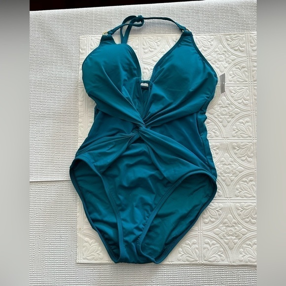 La Blanca One Piece Swimsuit Halter Twist Knot Front Mesh Inserts 4 Peacock 5025 - Picture 6 of 14